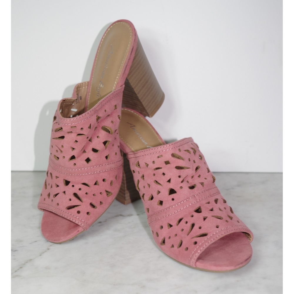 American Eagle Woman's 6.5 Pink Laser Cut Block Heel Mules Peep Toe Sandals